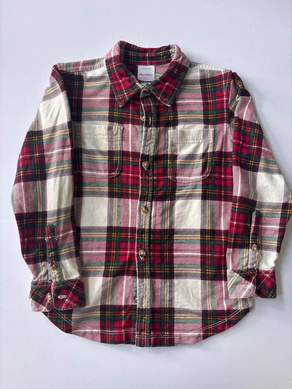 Hanna Andersson Boys Red and Green Plaid Long Sleeve Flannel Button-Up Shirt